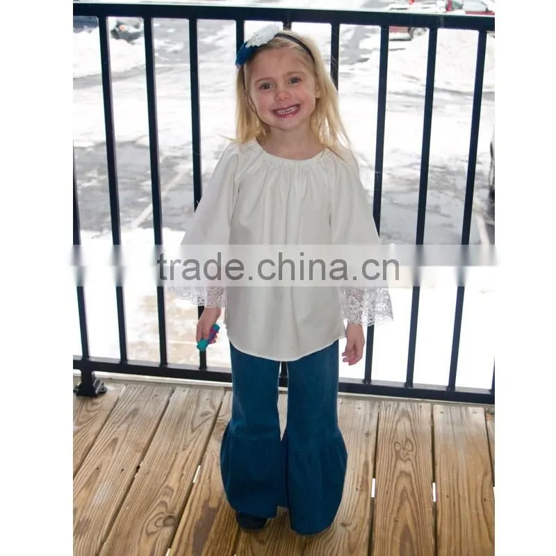 Long Bell Shaped Sleeves Girls Peasant Blouse Photos Lace Detail White Peasant Top HSB9402