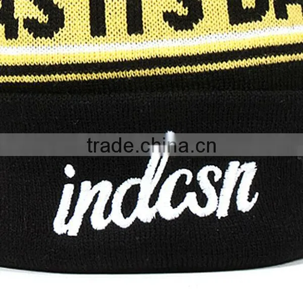 Jacquard kint beanie hat/pom pom beanie hats wholesale/cuffed knitted embroidered custom men's beanie hat