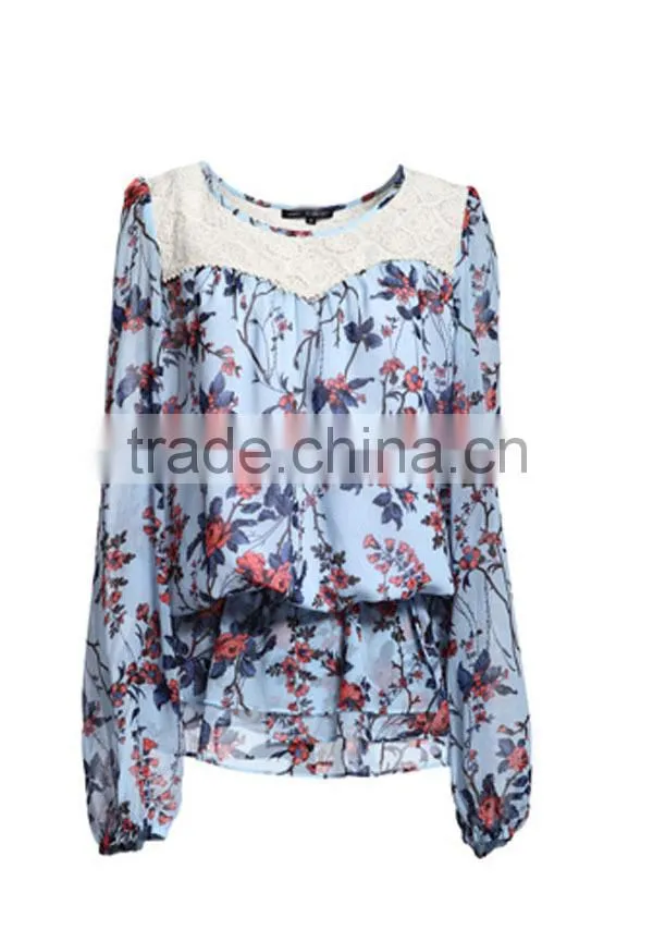 Newest styles women's long sleeve peplum models of blouse in chiffon
