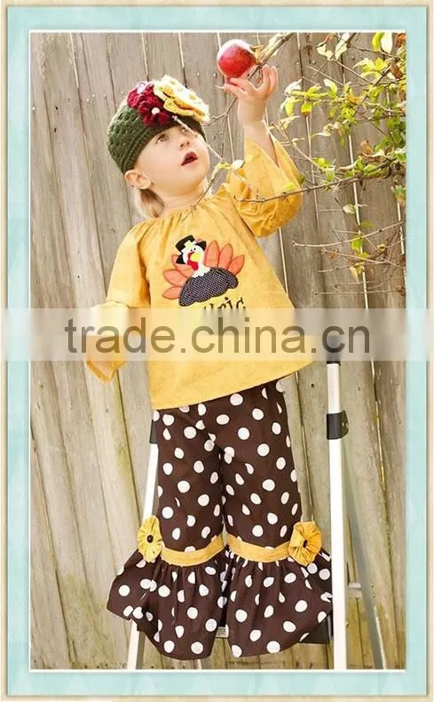 Gobble Boutique Thanksgiving Peasant Top and Ruffle Pants Gobble Turkey Appliqued Yellow Shirt Polka Dot Ruffle Pants Outfit Set