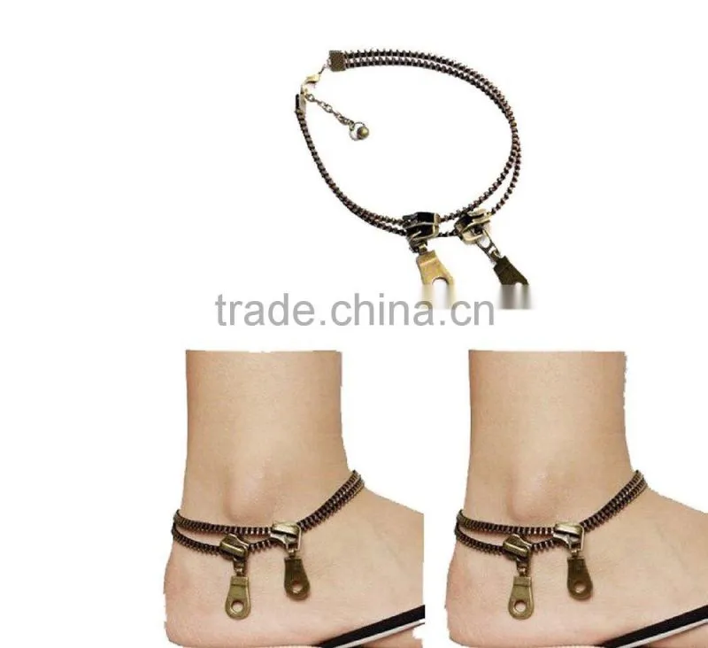 Fashion Jewelry Punk Retro Zipper Anklet Bracelet Double Chain Bangle Bronze for Girl Boys