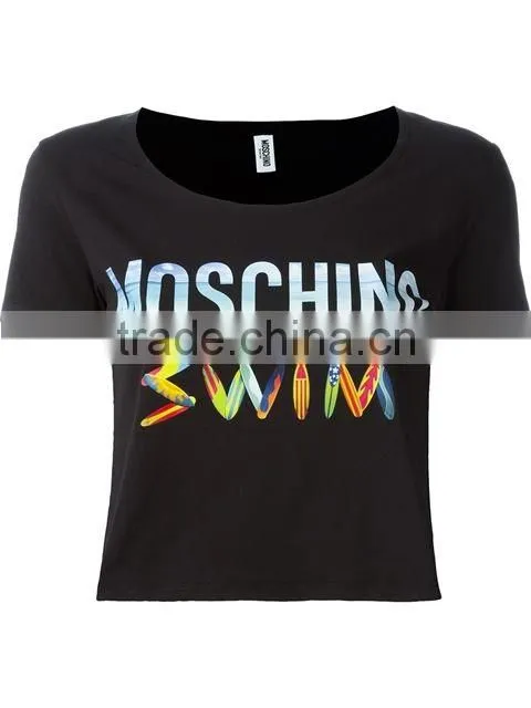 Custom Short Sleeve Cotton Black Printed t-Shirts For Women,Top Quality Silk Printing Womens Black T-Shirts Clothes