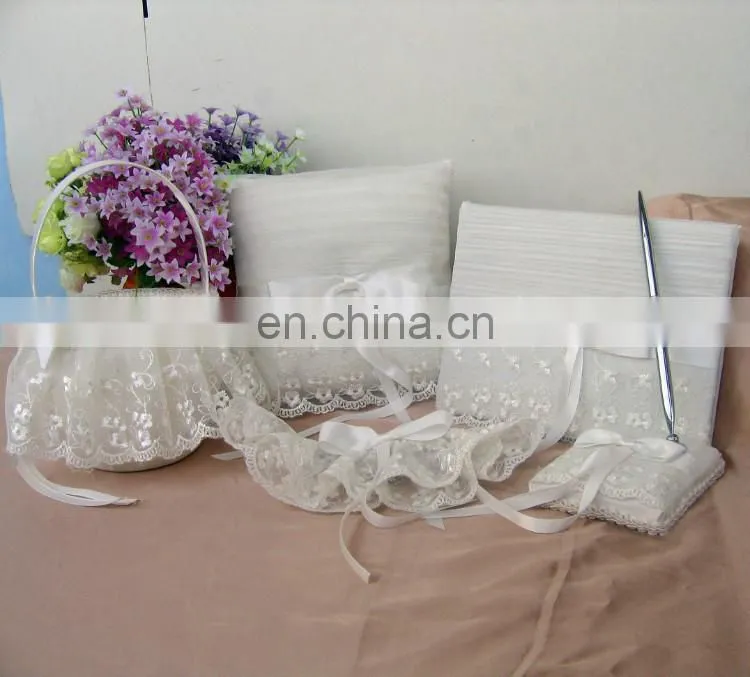 White Lace Decoration guest book /pen holder/ring pillow/flower basket set wedding favor