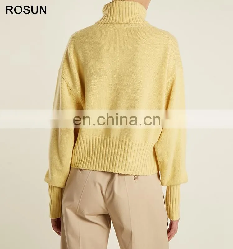 Yellow Mid Weight Roll Neck Patch Pocket Chunky Knit Sweater