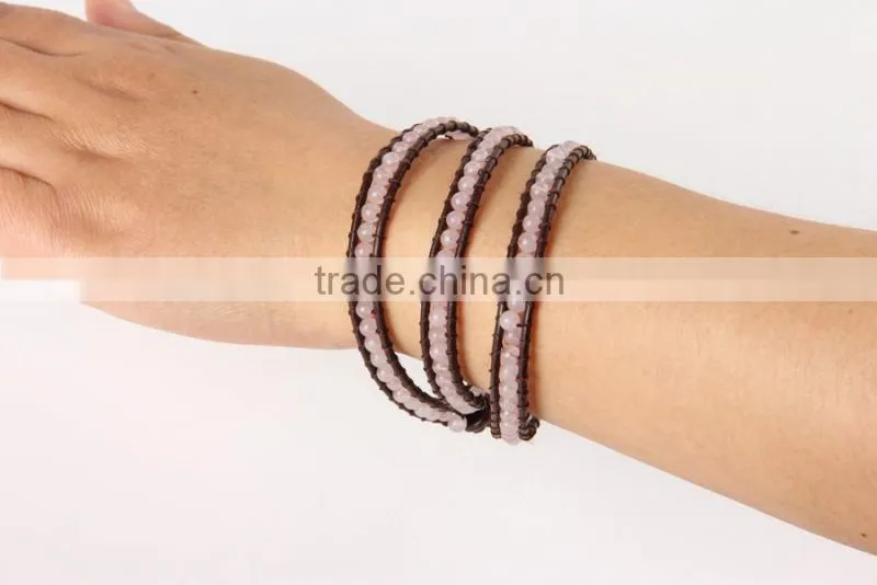 2016 Pink Bracelets Boho Style 4mm Clear Crystal Beaded Bracelets Fine Jewelry On Brown Leather Charm Jewelry
