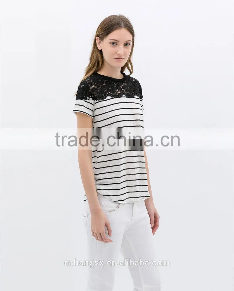 Ladies striped linen with lace fancy t-shirts