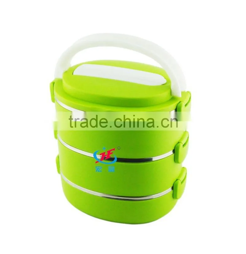 2014 new design printed bento stainless steel and PP plastic lunch box 3 tiers with buckle