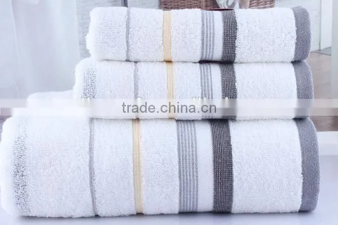 100% cotton white plain soft terry striped satin towel set