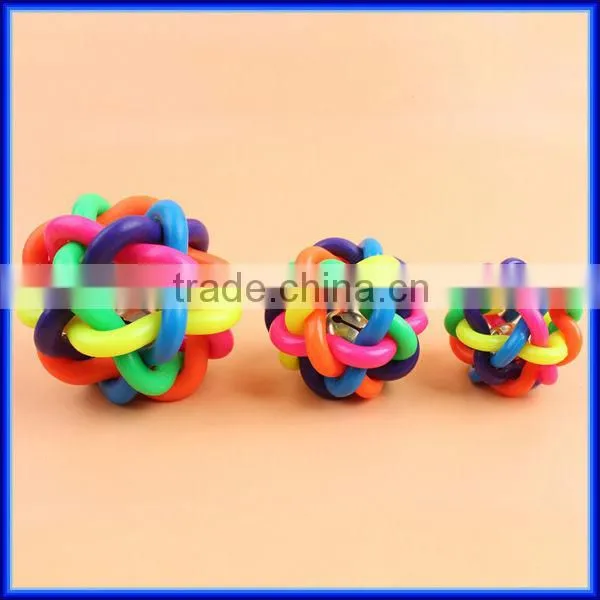 Colorful rainbow soft rubber dog chew bell ball, TPR woven teeth-cleaning pet toy chew bell ball