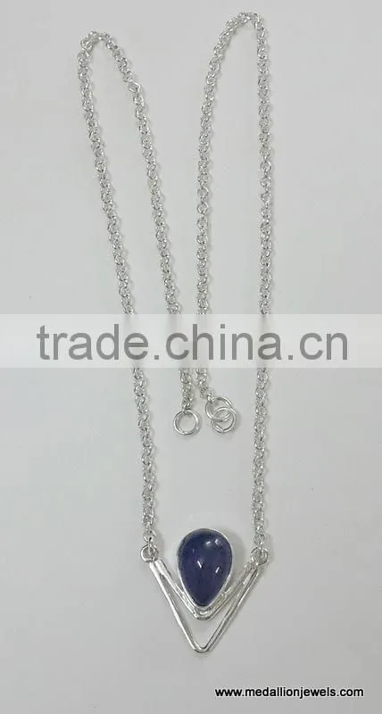 Tanzanite Pear Cabochon 925 Solid Sterling Silver Necklace, Designer Sterling Silver Gemstone Necklace, Gemstone Necklace