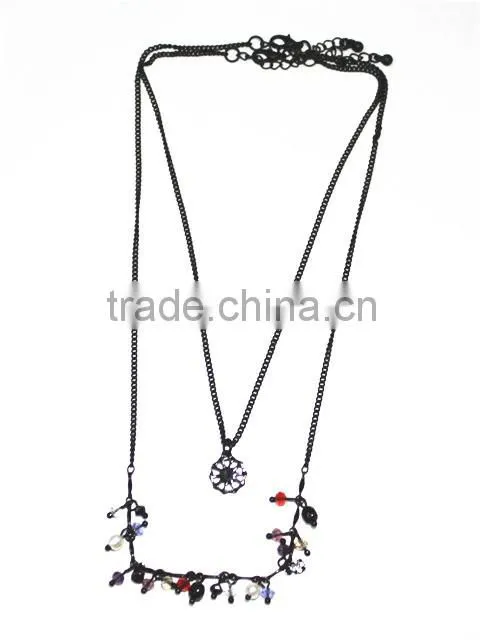 Fashion metal multi-layer chain necklace with tassels and rhinestones