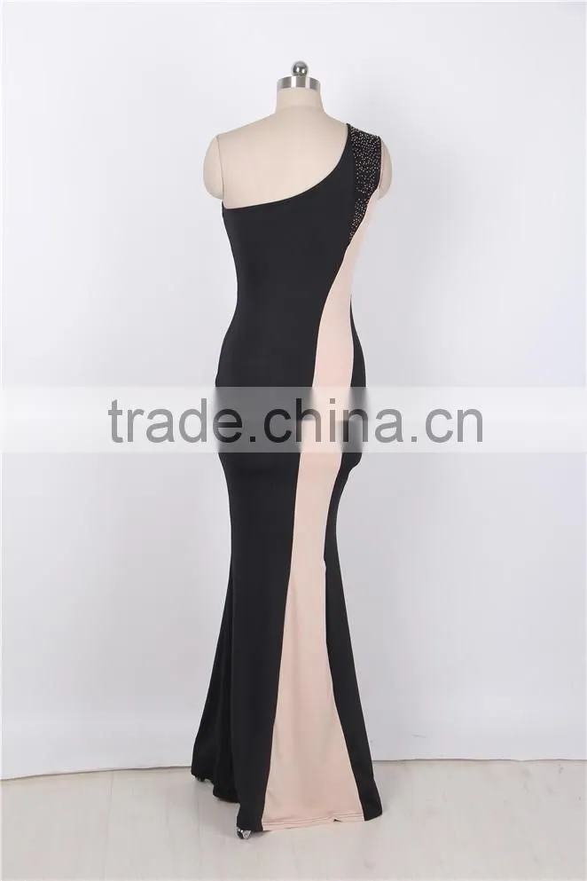 Hot wholesale 2016 newest arrival two colors combination full length evening dress one sleeve