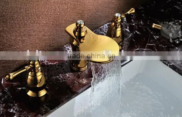 Golden glass waterfall faucet,Double Handle Lavatory Automatic Mixer Tap,Cheap Water Faucets