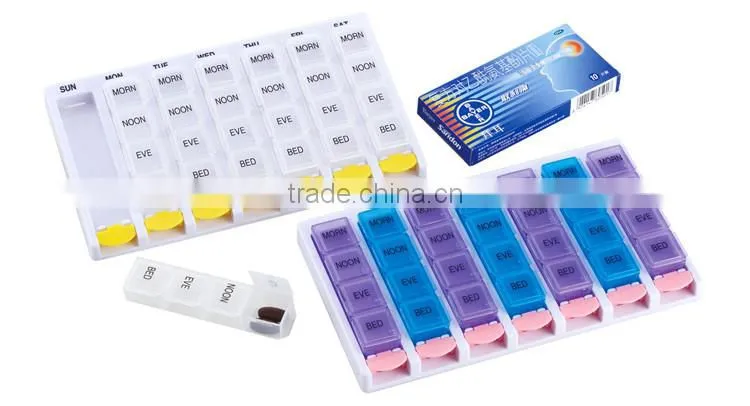 Push button child resistant weekly pill box