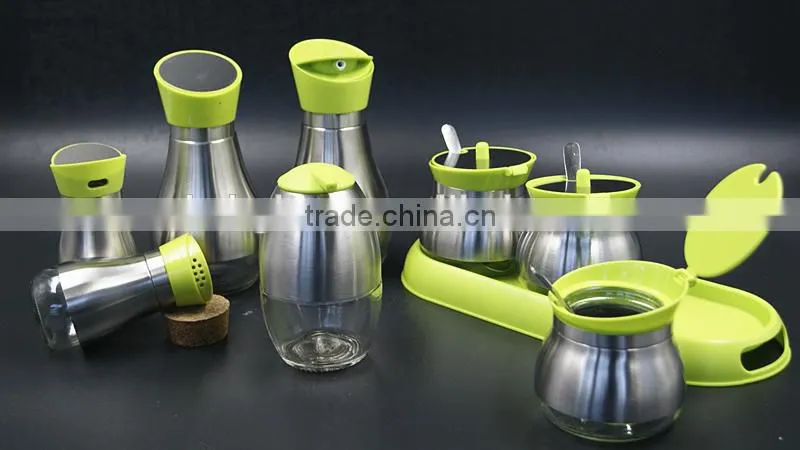 glass spice jar set pepper salt bottle with stainless steel coat green