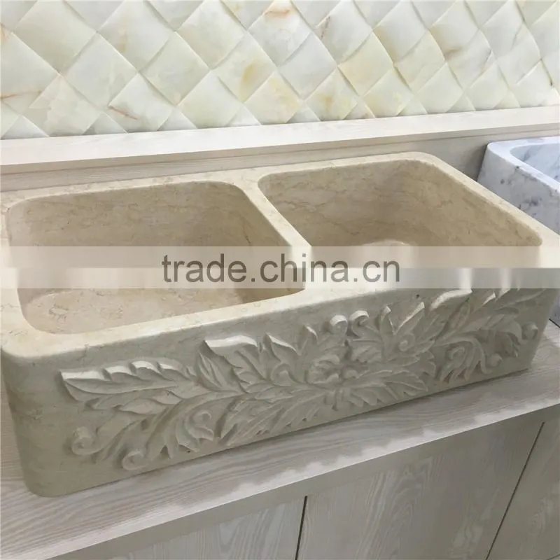 Crema Marfil Beige Marble Flowered Carved Rectangle Sink