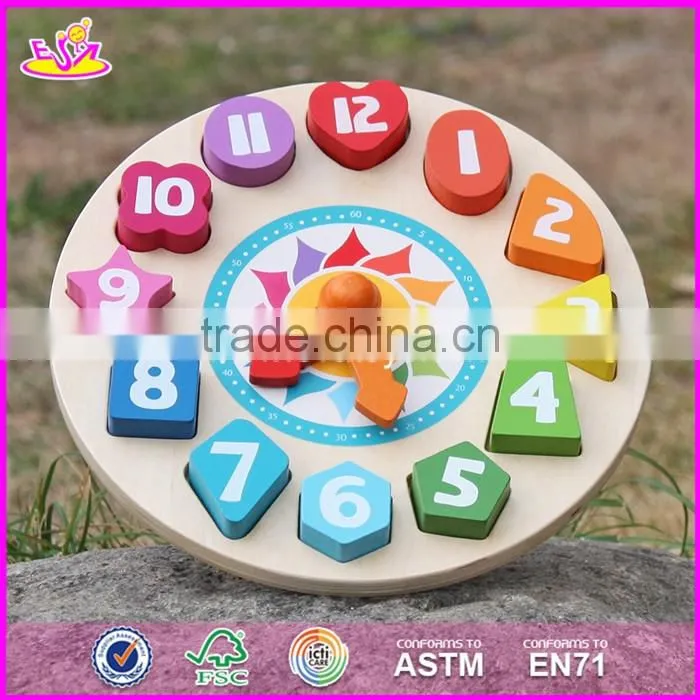 2017 New design children educational numbers toy wooden clock puzzle W14K005