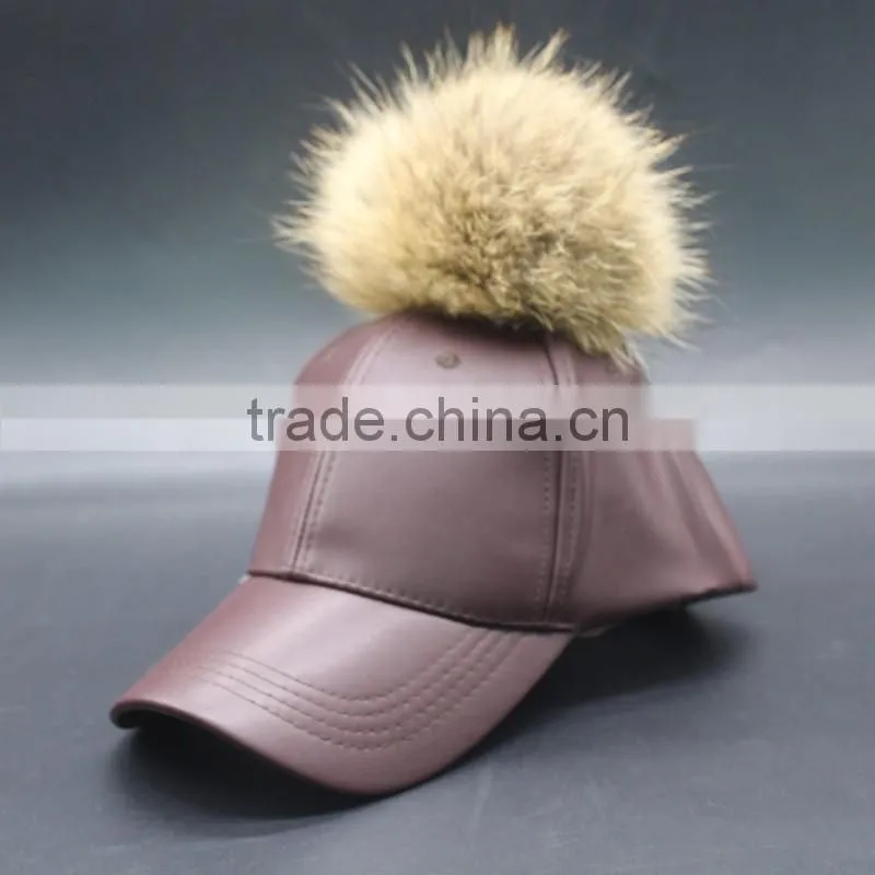 PU Leather Baseball Cap With Fake Foxfeather Pom Pom