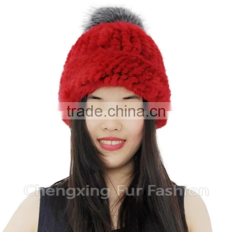 CX-C-239N Women Knitted Real Mink Fur Hats With Fox Fur Pom Pom