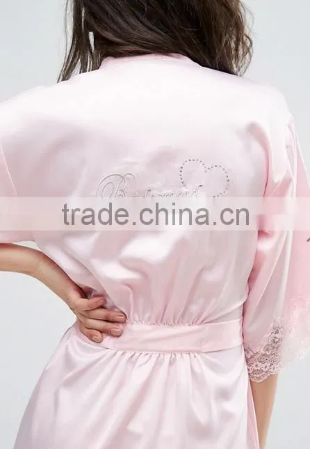Customize ladies luxury silk satin knee length robe, Bridesmaid Lace Trim Kimono Robe