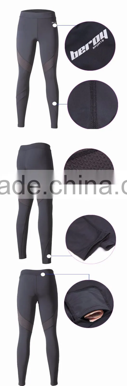 Beroy New Design High Elastic Dry-fit Running Pants Leggings with Zipper on the leg opening