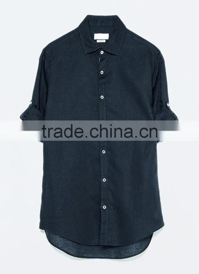 2015 linen cotton classic collar solid color contrast ribbon breathable fabric latest design for holiday