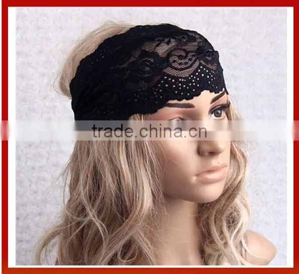 New Design Woman Wide Black Lace Headband/Hot Selling Bohemia Stretchy Lace Pattern Hollow Out Headband Wide Headband