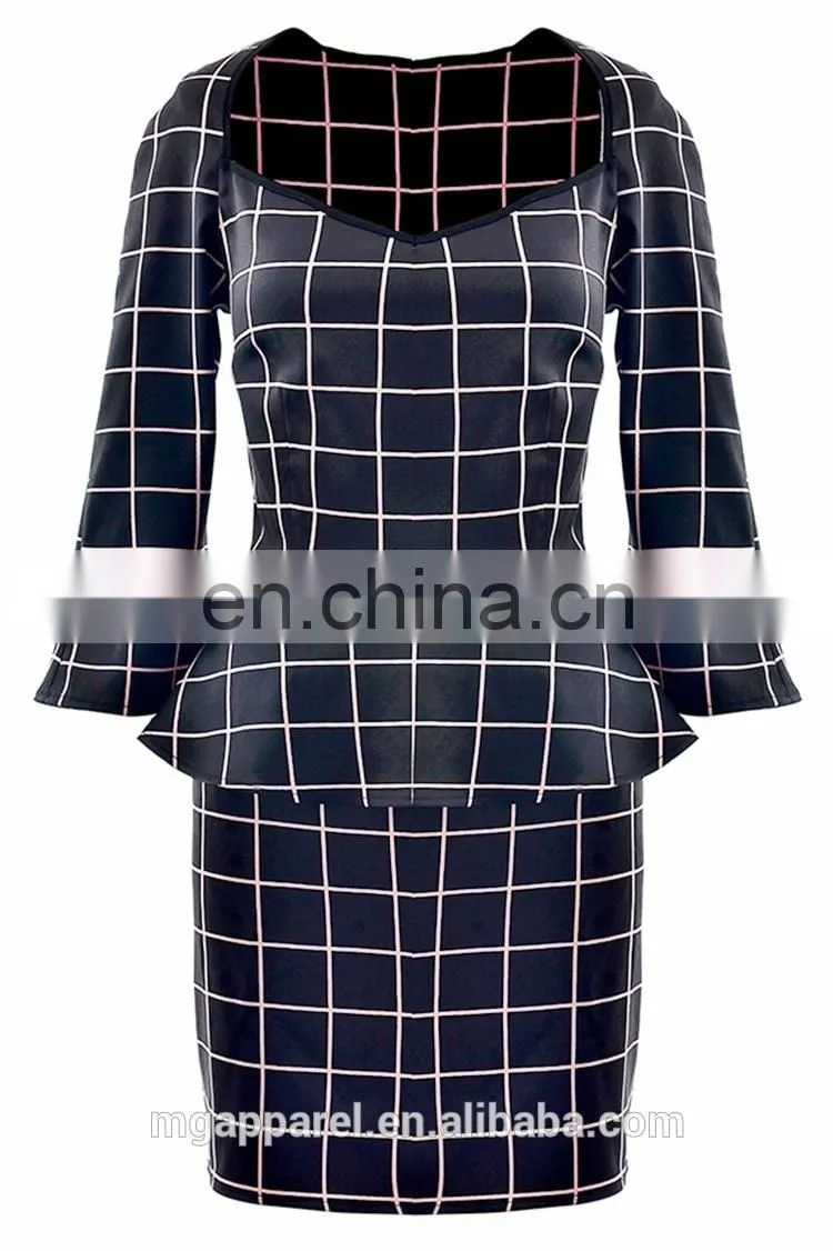 2015 new product elegant fancy windowpane plaid print women peplum dress long sleeve wholesale