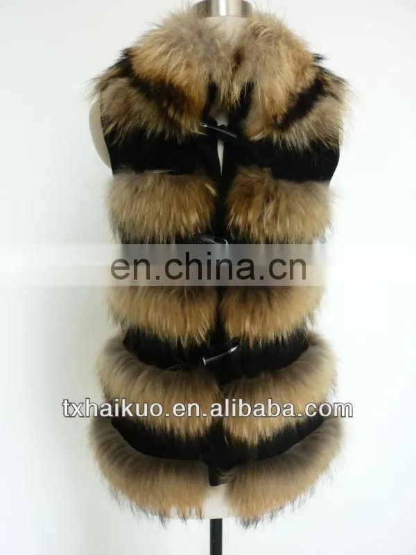 2014 real leather fur vest with natural raccoon fur around body as trimming