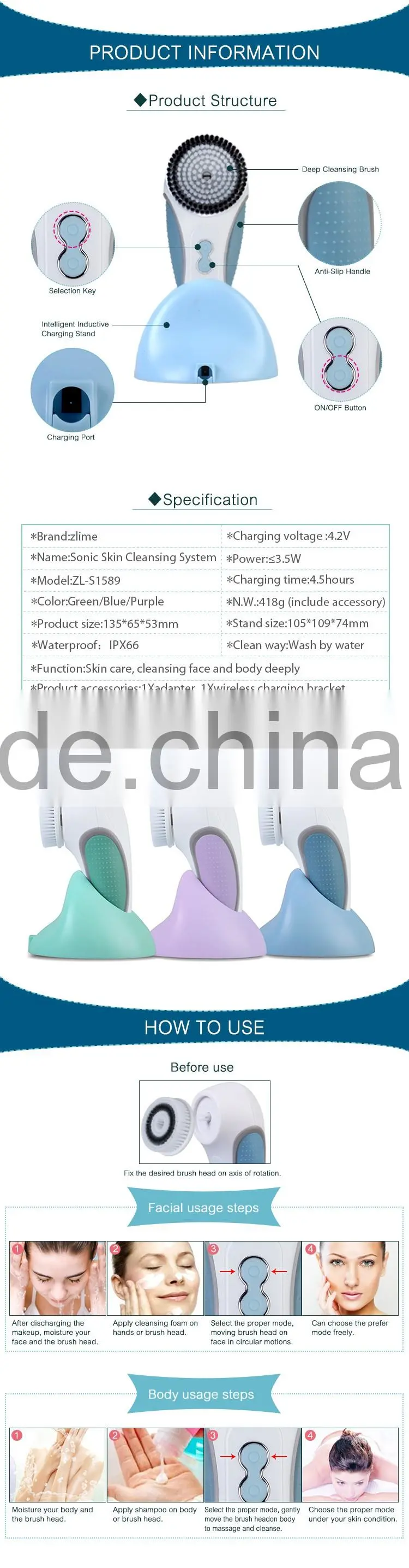 Professional Cleansing System, Gentle Sonic Vibrating Brush Head for Sensitive Skin, Water Resistant and Cordless Facial Brush *