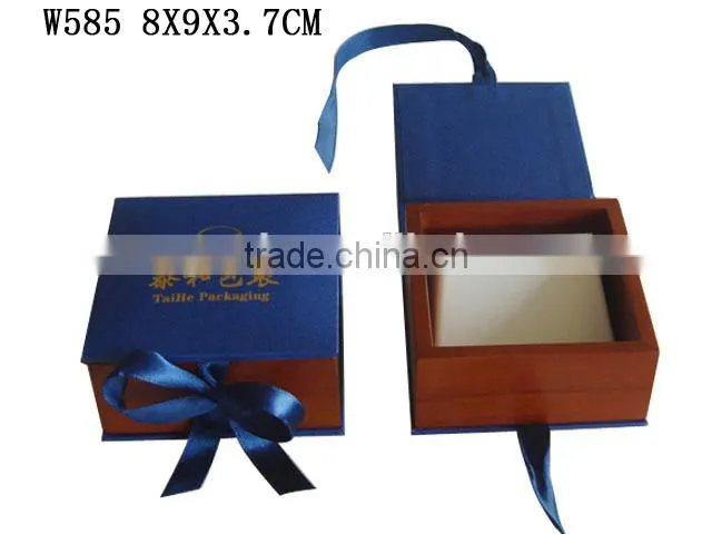 W585 Wooden Jewelry Earring Box with Ribbon Bow