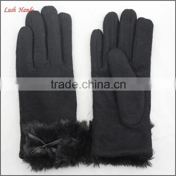 ladies winter warm black woolen hand gloves with fur wholesale
