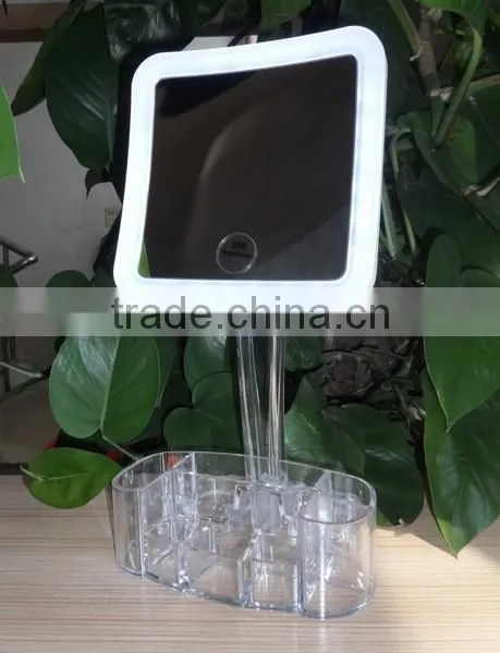 Square led makeup mirror, lighted desktop cosmetic mirror with organizer, vanity mirror with led light