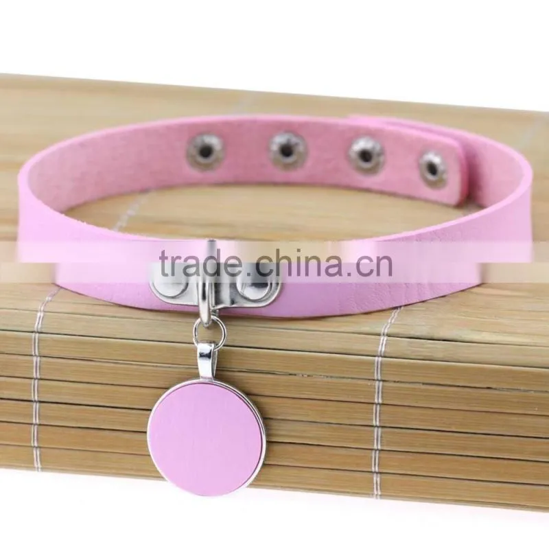 Japanese Anime Sailor Moon Rock Harajuku Gothic Punk Style Multi Color Alloy Round Pendant PU Leather Choker Necklace