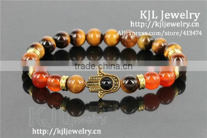 KJL-A0247 wholesale silver hamsa palm charm bracelet,natural tiger eye agate stone beaded evil eye bracelet bangle