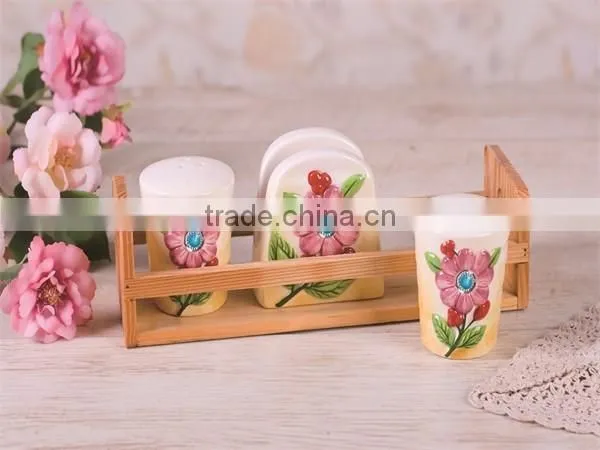 Ceramic Material Salt Pepper Shakers and Napkin Holder with Wooden Base