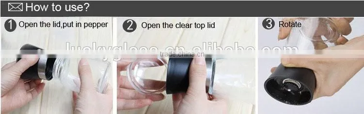 long term glass pepper grinder with colored caps