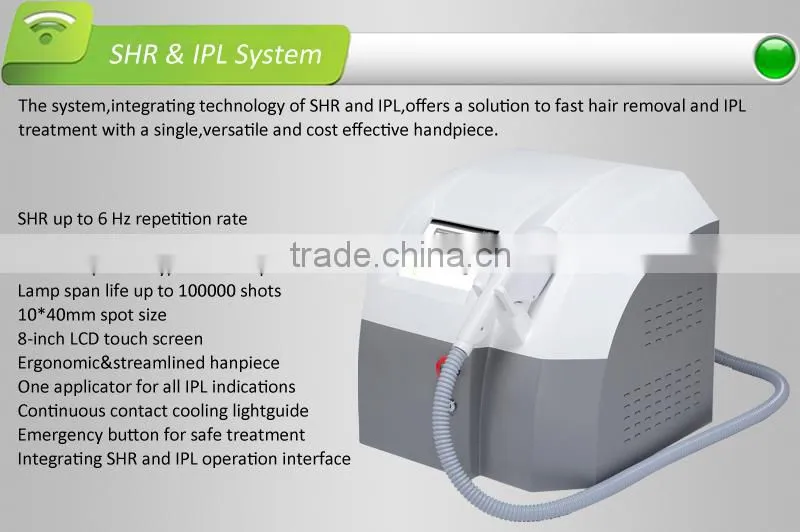 IPL SHR machine, ergonomic&streamlined handpiece,irtegrating SHR and IPL operation interface