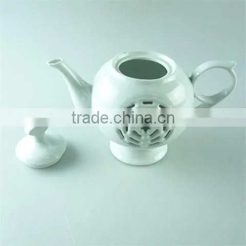 stock cheap plain white ceramic tea pot with hollow-out design