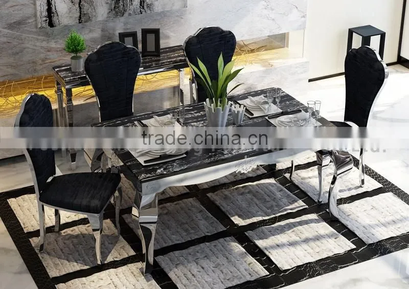 wholesale black marble dining table with mirror silver stainless steel legs