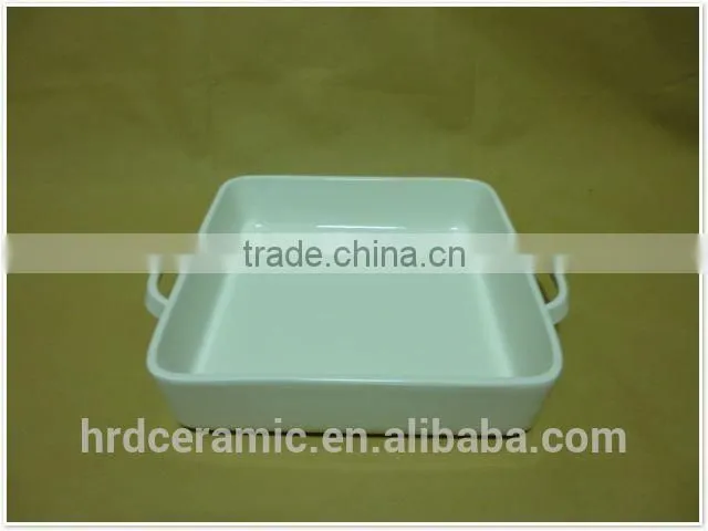Customized logo rectangular white ceramic bakeware with handles