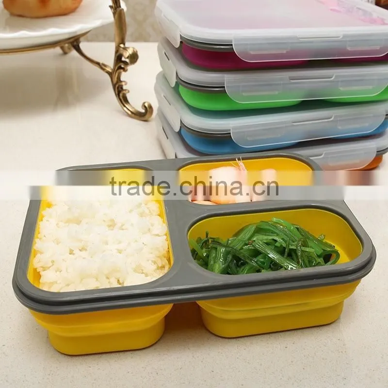 Collapsible silicone lunch box with serving tool/square shape foldable silicone lunch box