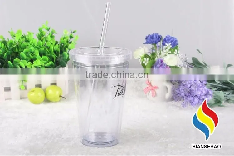 clear double wall 16oz plastic water tumbler with straw