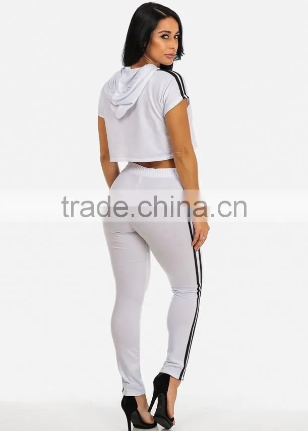 New Arrival Summer Women Casual Knit Cotton Crop Top And Pants White Two-Piece Outfit Sweat Suit Tracksuit Set