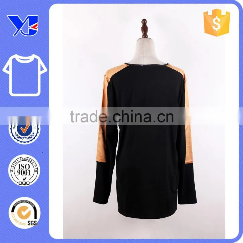 Knitted rayon body contrast satin polyester sleeves patchwork t-shirt