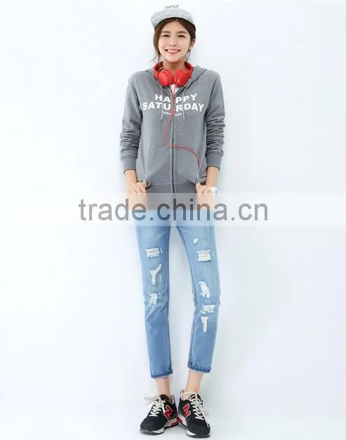 Female section hemp grey cultivate one's morality version hooded cardigan fleece jacket