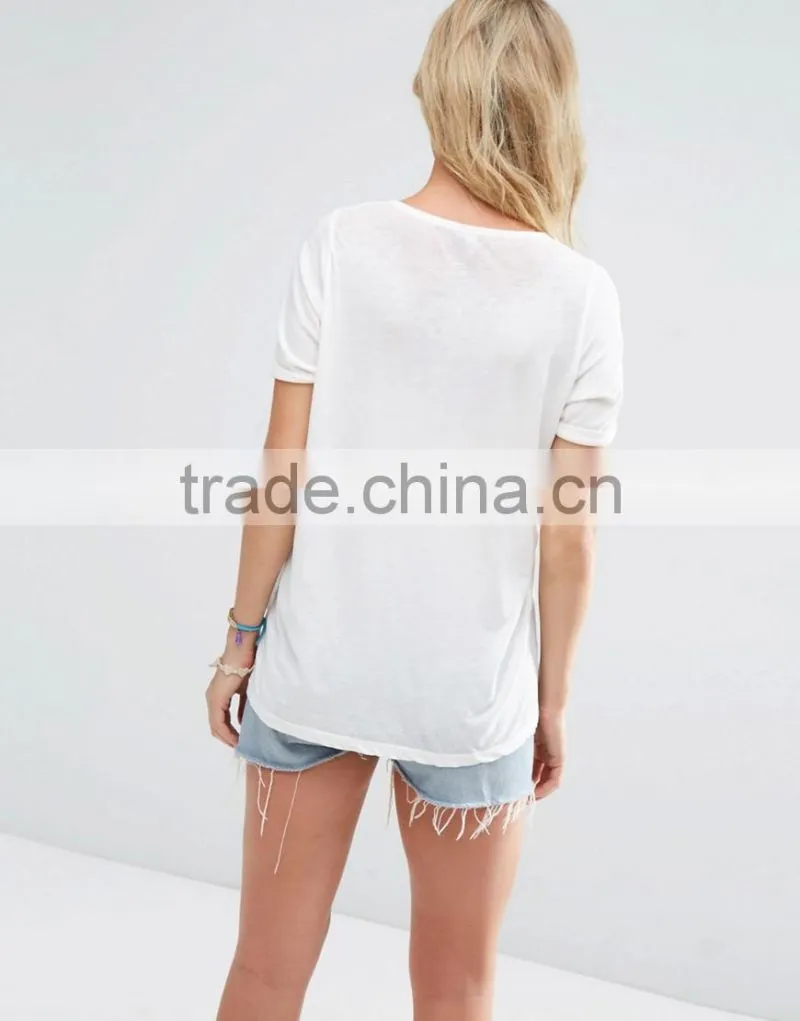 Wholesale customized summer cheap women custom t-shirt V Neck And Beach Bum Burnout