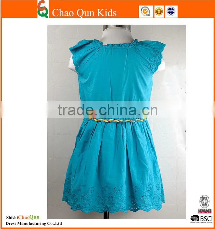 2017 baby girl latest fashion hemstich embroidered sundresses with belt for girls wholesale