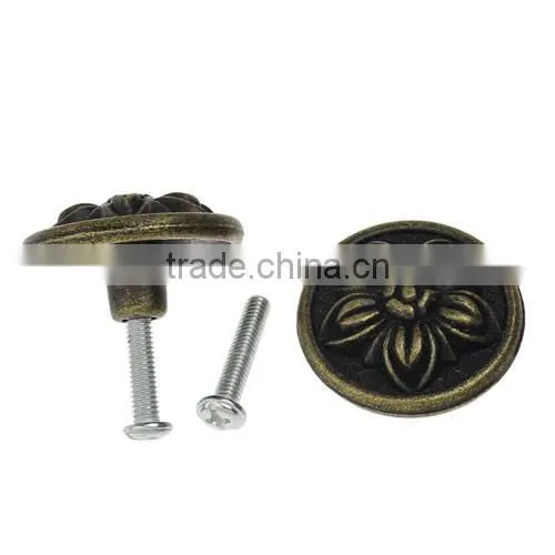 Round Antique Bronze Flower Pattern Carved Jewelry Box/Case Drawer Pull Knob Handles With Screw 3.2x1.8cm