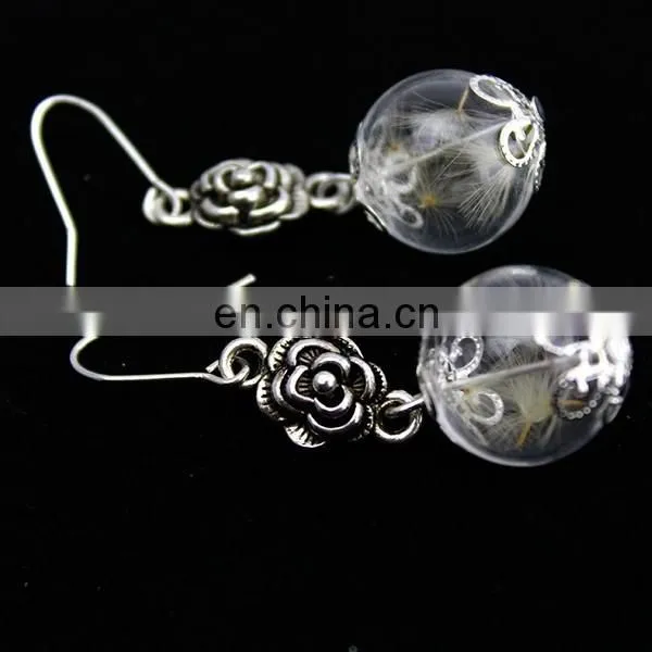 Hot sell glass ball dandelion seeds vintage flower metal plant pendant unique earrings